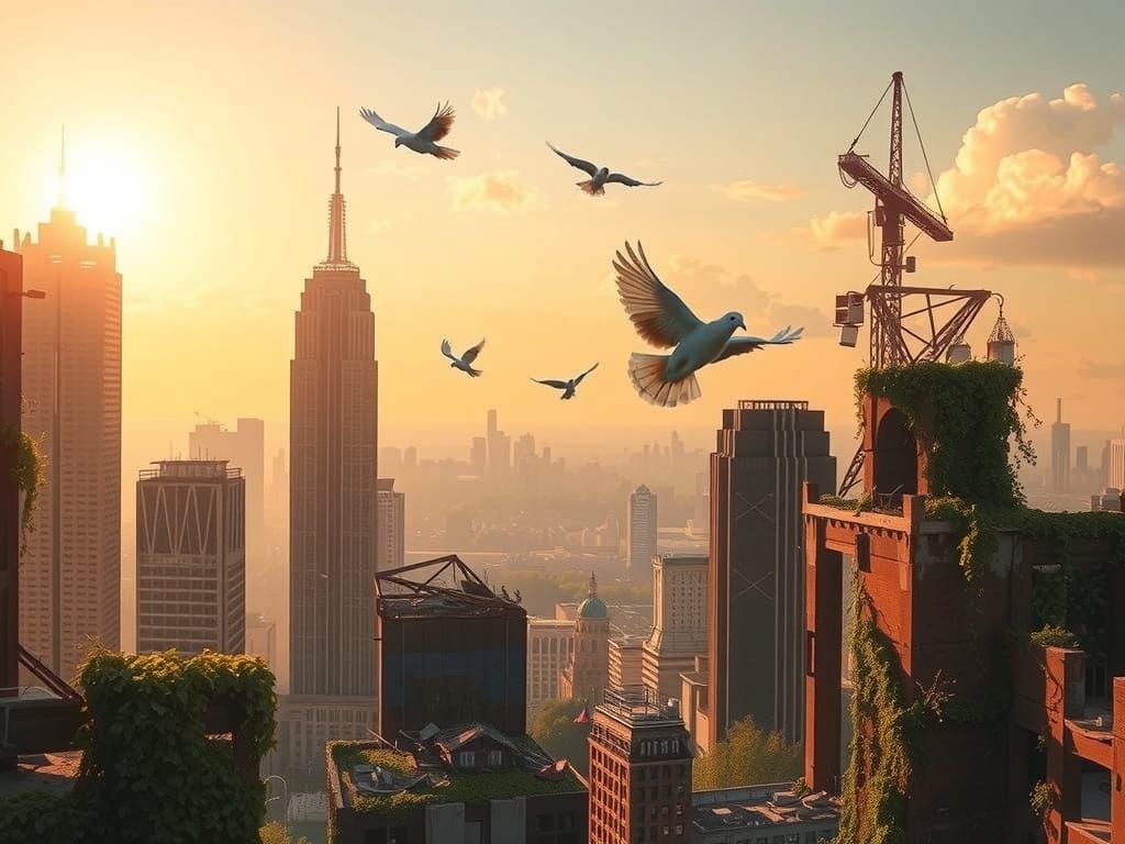 Dove Soars Above Post-Apocalyptic Metropolis in Vibrant Suns...