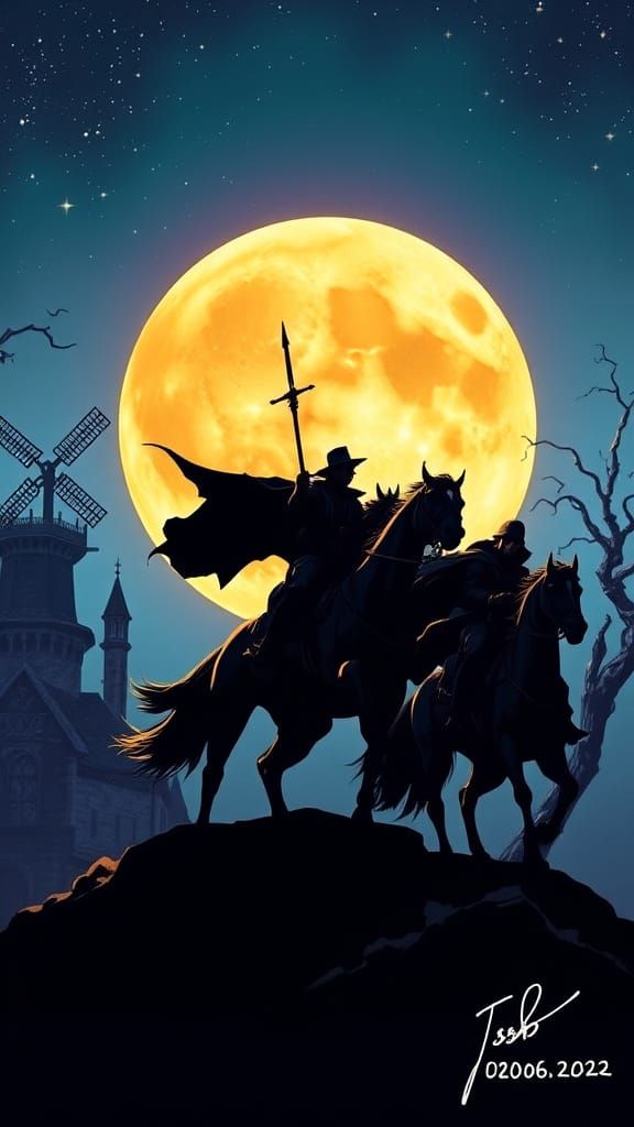 Heroic Riders Silhouetted Under Gothic Moonscape