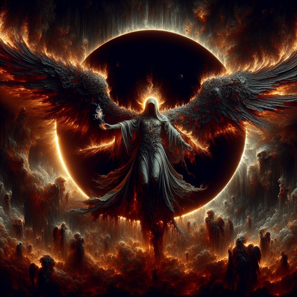 Flaming Dark Angel Descending During Solar Eclipse