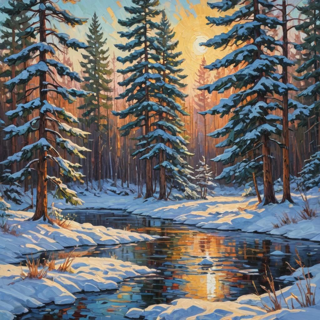 Impasto Winter Scene with Frozen Pond