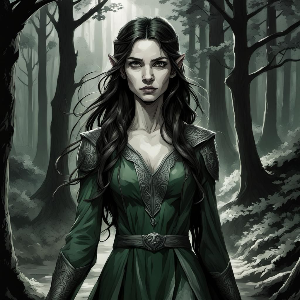 Monochrome Elf Ranger Portrait in Noir Style