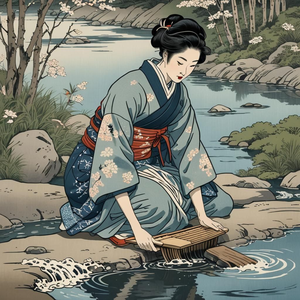Ukiyo-e Print of Woman Washing Clothes
