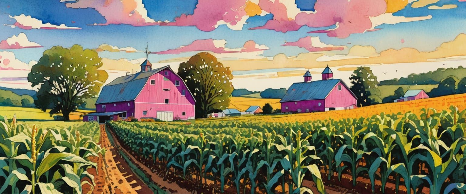 Quaint Farmhouse with Hex Signs in Comic Book Watercolor Sty...