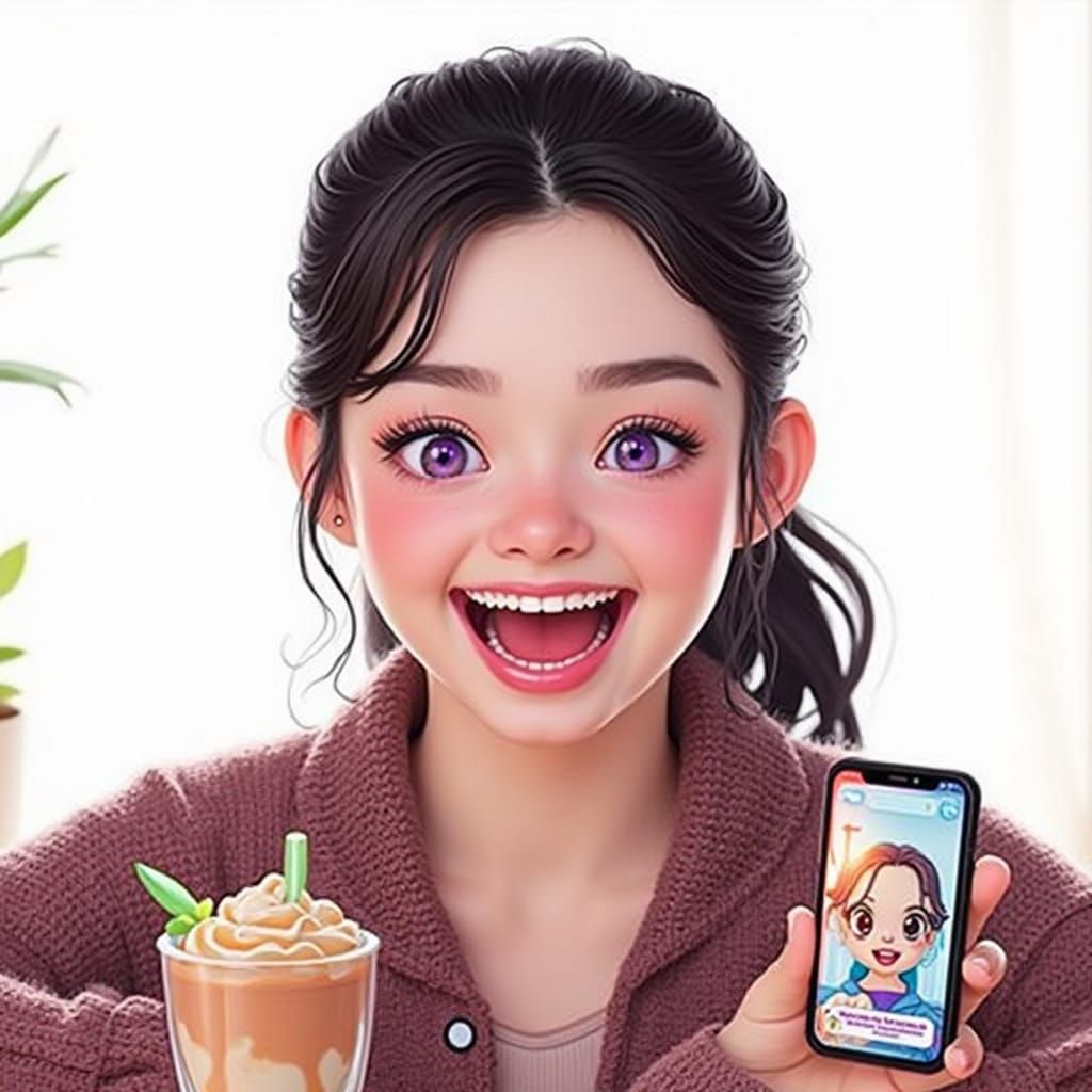 Girl with Hologram in Cozy 3D Cartoon Bedroom