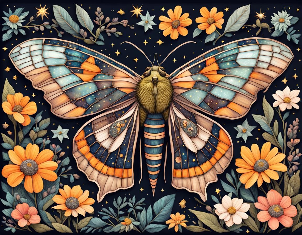 Steampunk Moth in Starry Night: Fantasy Illustration