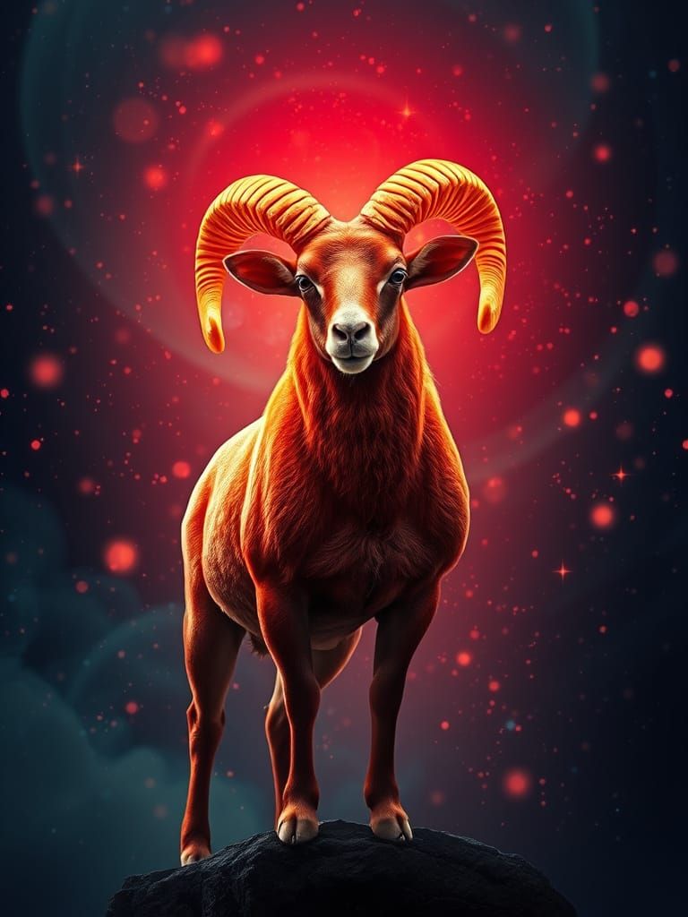 Aries Ram in Cosmic Glory with Glowing Golden Horns