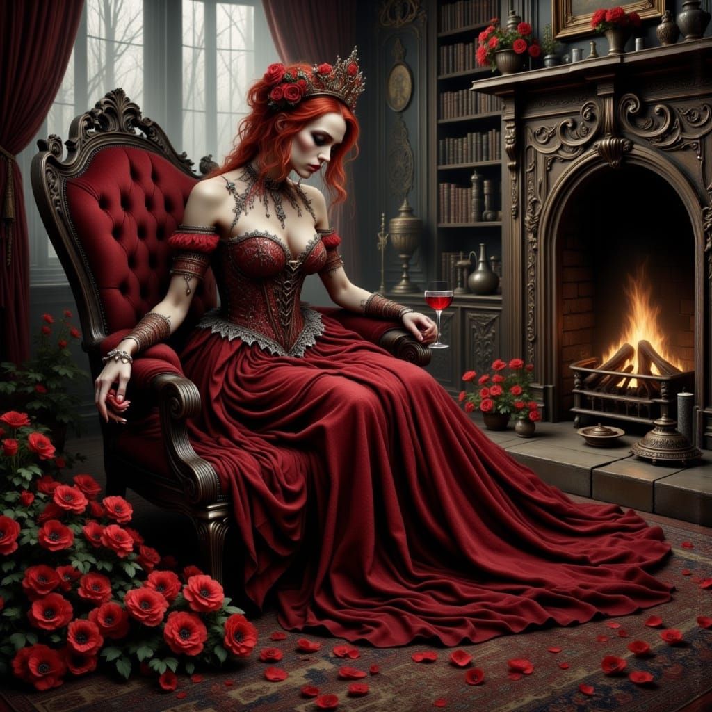 Queen of Hearts in Haunted Library, Sinister Digital Art