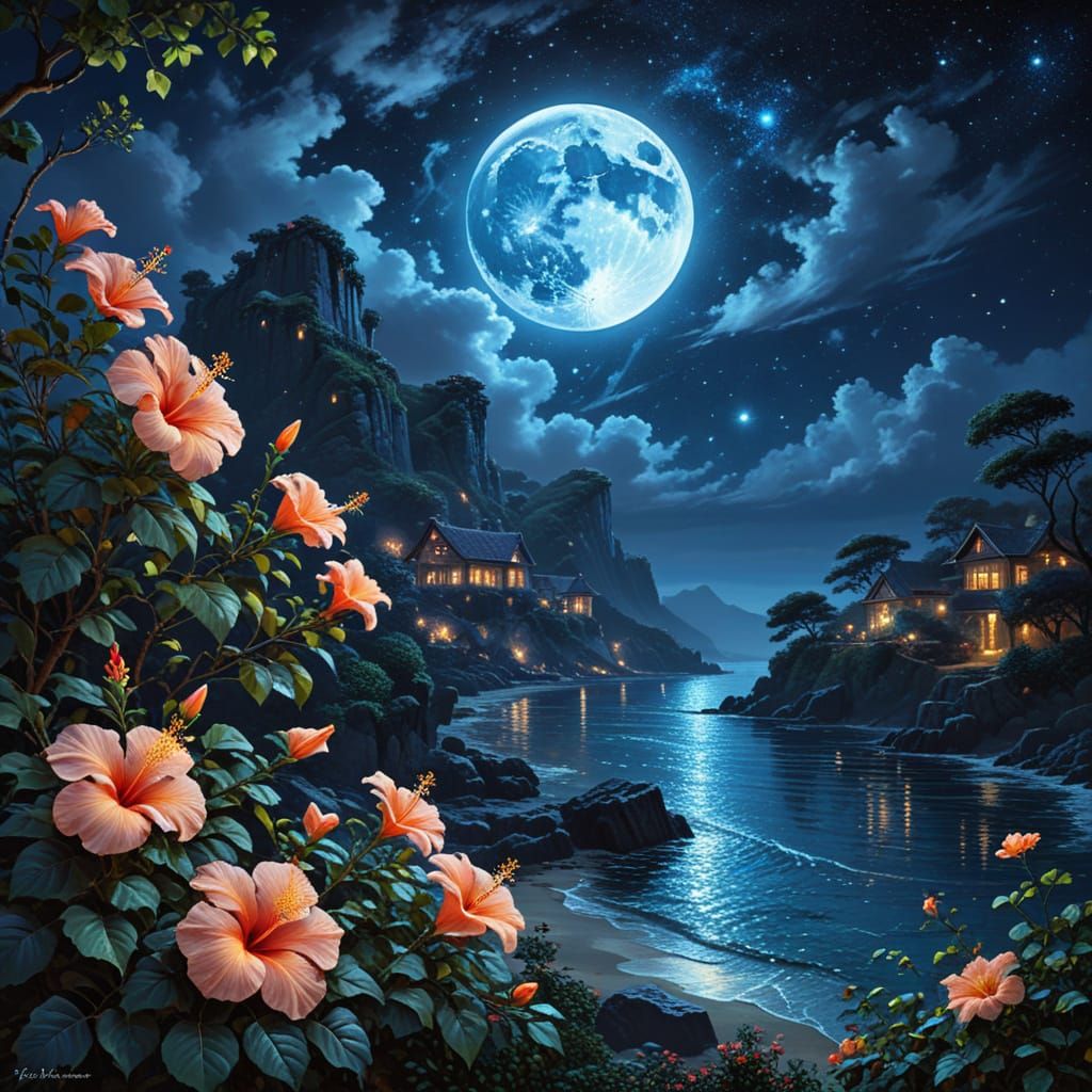 Hibiscus Under Noctilucent Sky: Maximalist Acrylic Painting