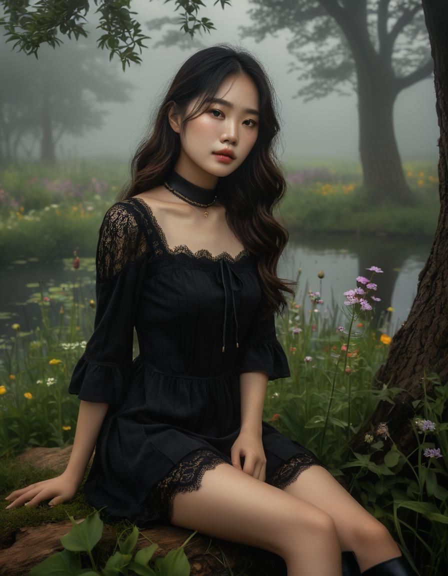 Korean Woman in Misty Garden: Chiaroscuro Oil Painting