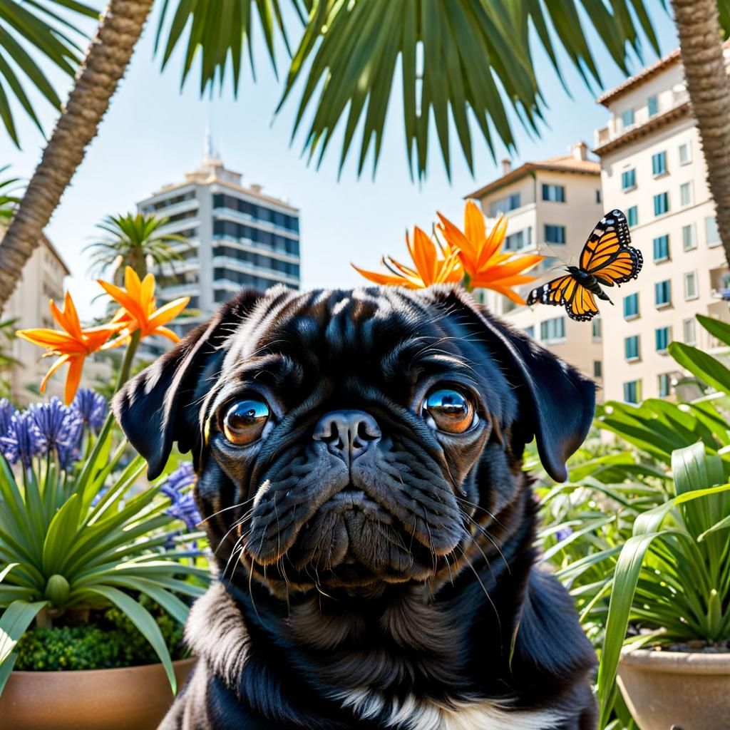 true life of a pug in a garden rooftop on French Riviera