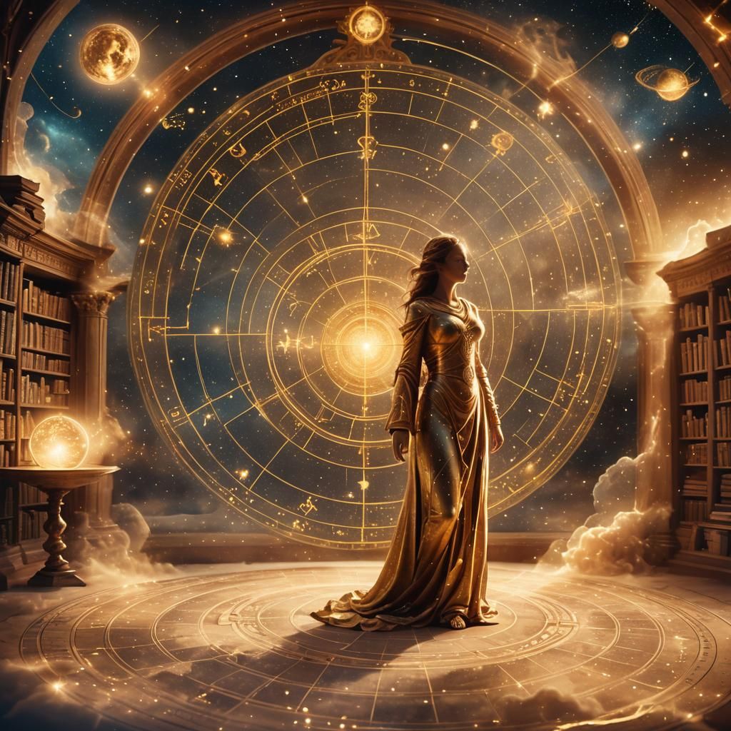 Celestial Cosmic Map: Ancient Being in Mystical Library