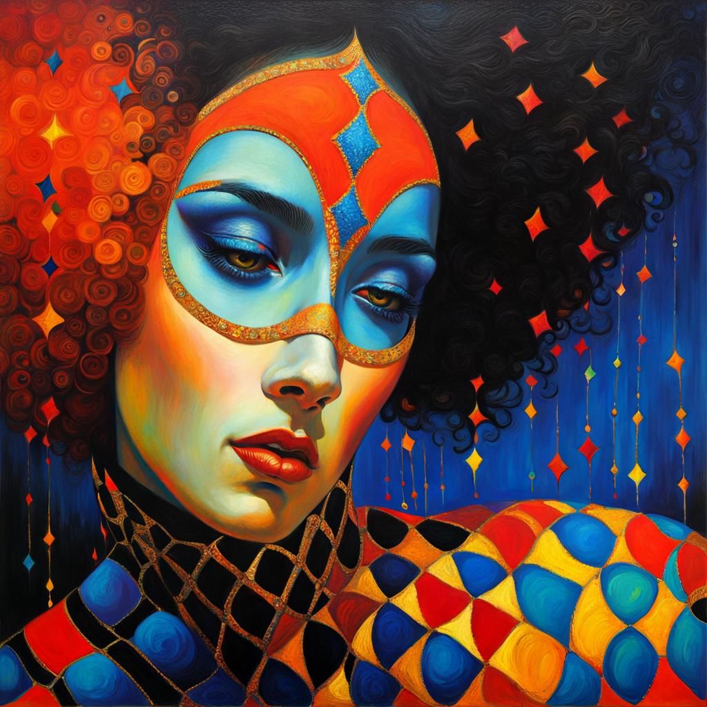 Harlequin Portrait in Klimt-Beksinski Style