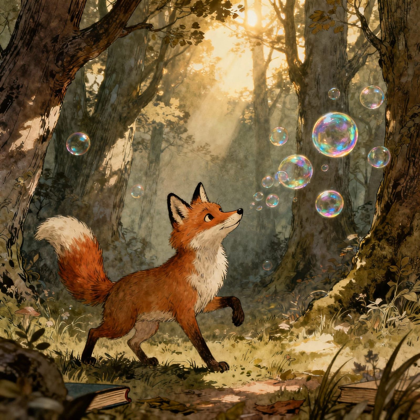 Cute Fox Chasing Bubbles in Vintage Forest Style