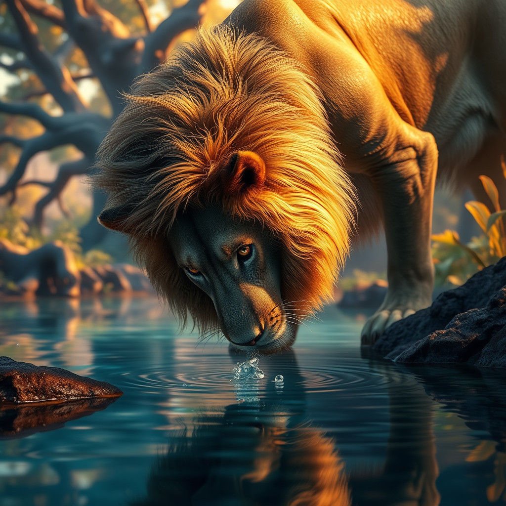 Majestic Lion at Oasis: 8k Matte Painting