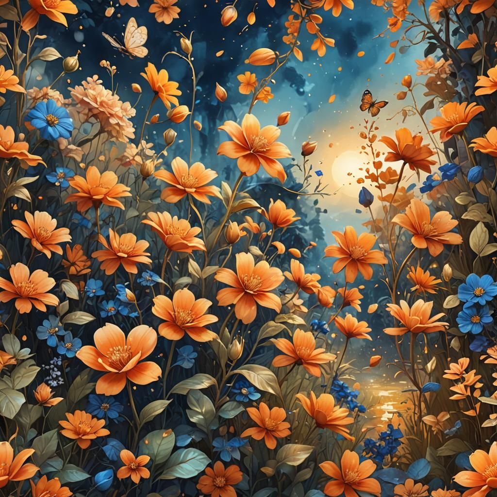 Fantastical Lush Garden with Ink Stained Flowers