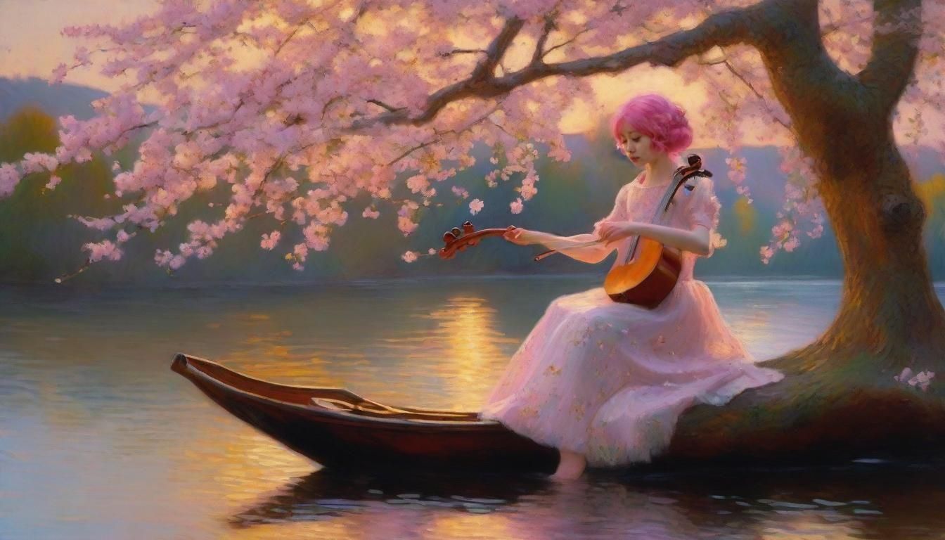 Girl with Cherry Blossom Dress Playing Cello