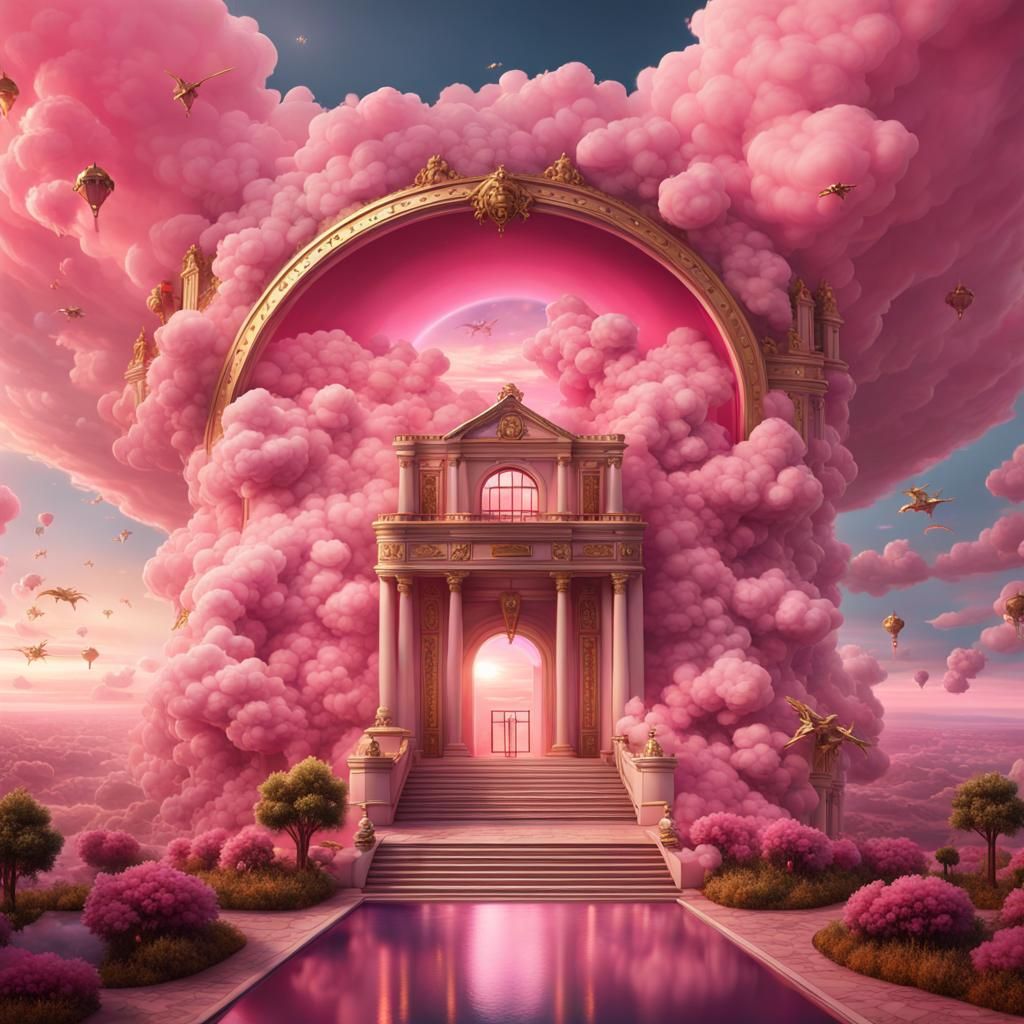 Pink Fantasy Landscape with Sky Portal and Flying Creatures