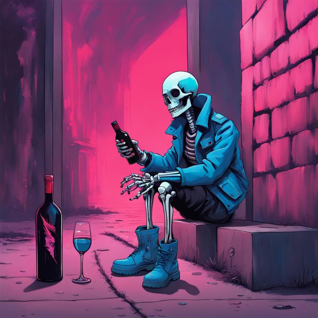 Punk Skeleton at Berlin Wall in Cyberpunk Style