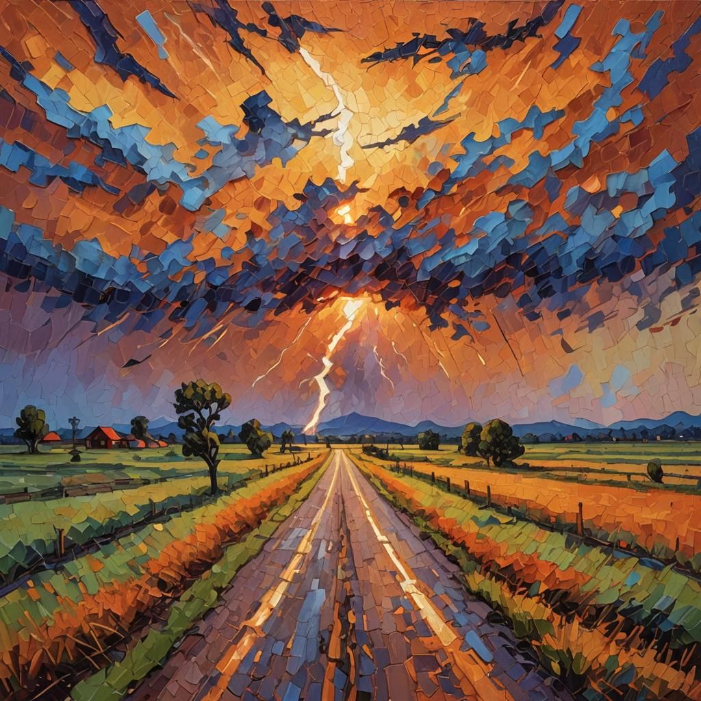 Prairie Lightning in Neo-Impressionist Style