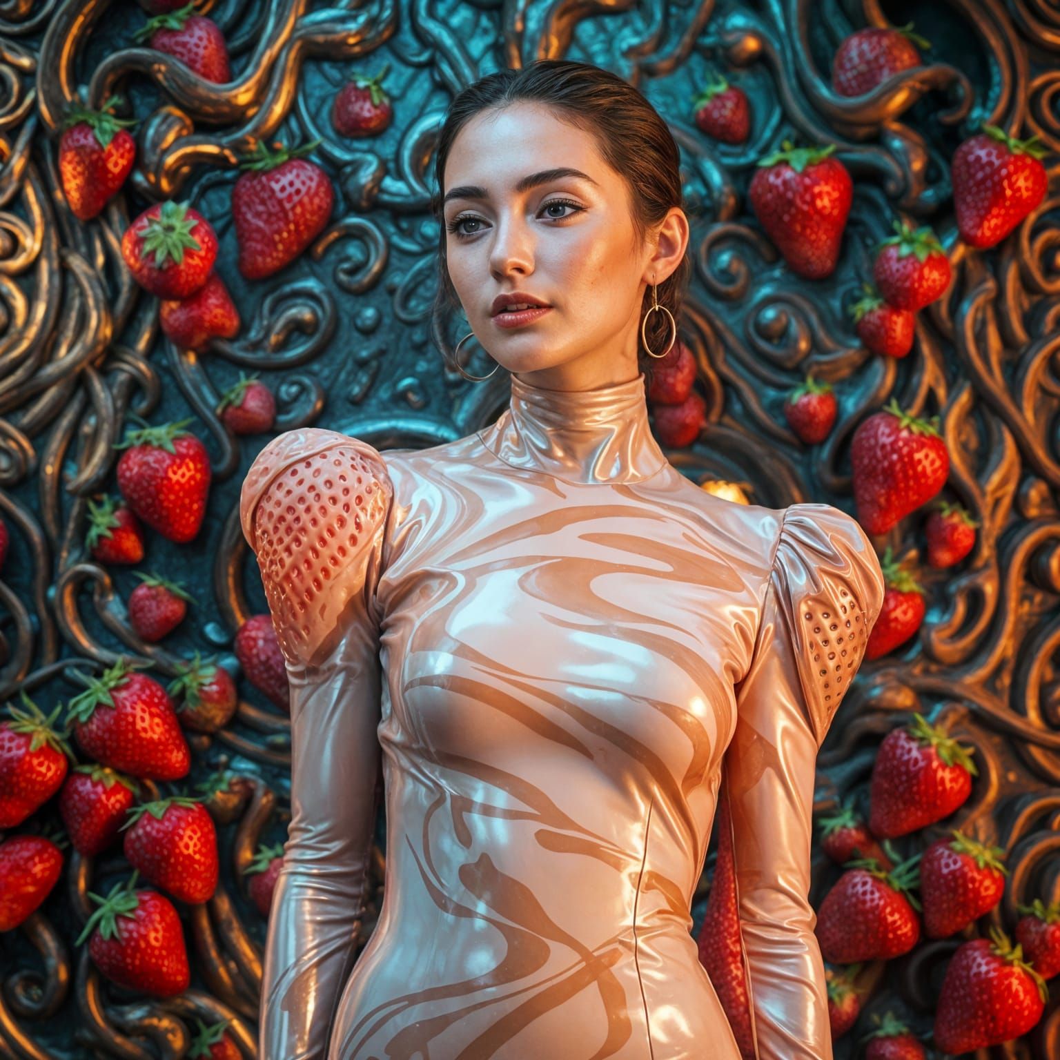 Hyperrealistic Latex Strawberry Dress: AI Generated Woman