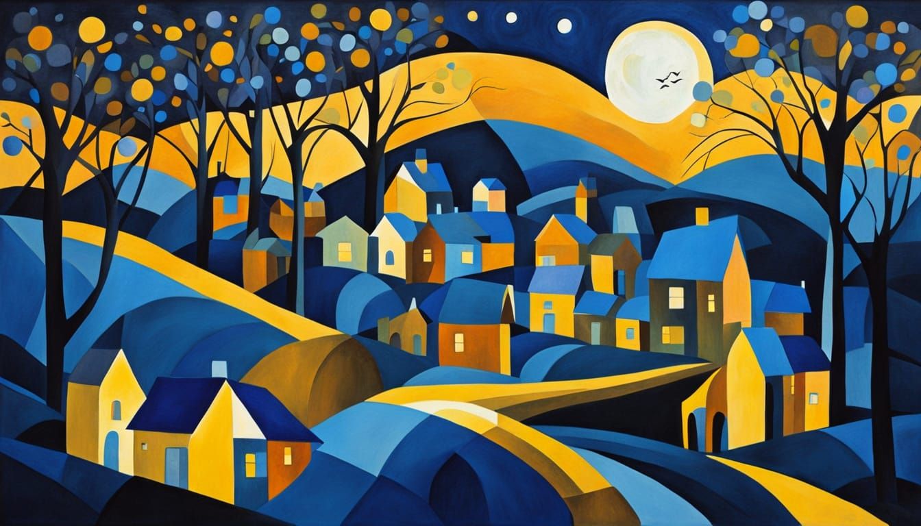 Moonlit Village in Abstract Cubist Style