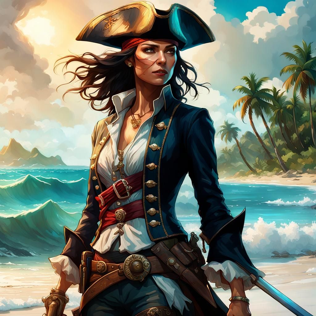 Pirate Captain Leading Brigands on Tropical Beach