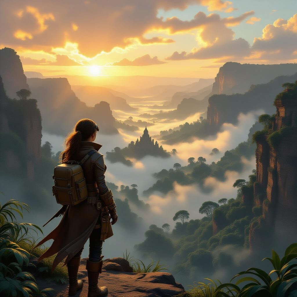 Steampunk Explorer Overlooks Misty Jungle Valley