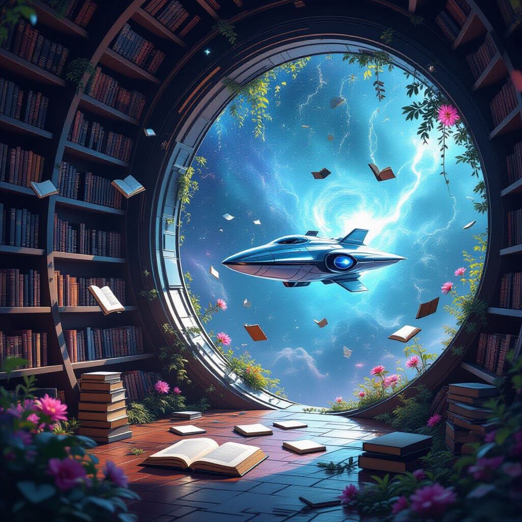 Cosmic Library with Floating Books, Surreal Concept Art