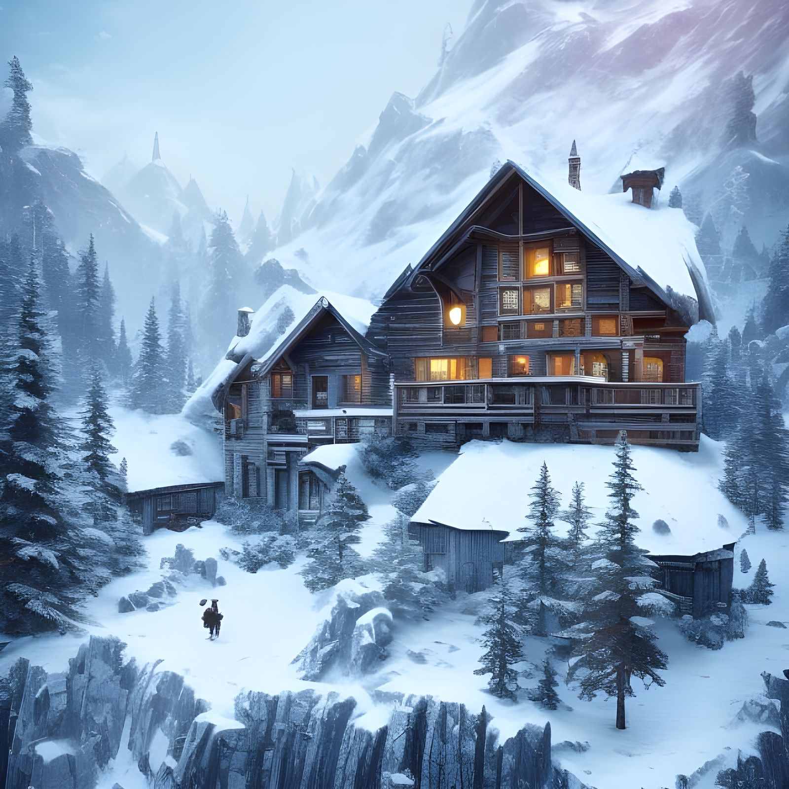 Snowy Cabin in the Mountains: Digital Art