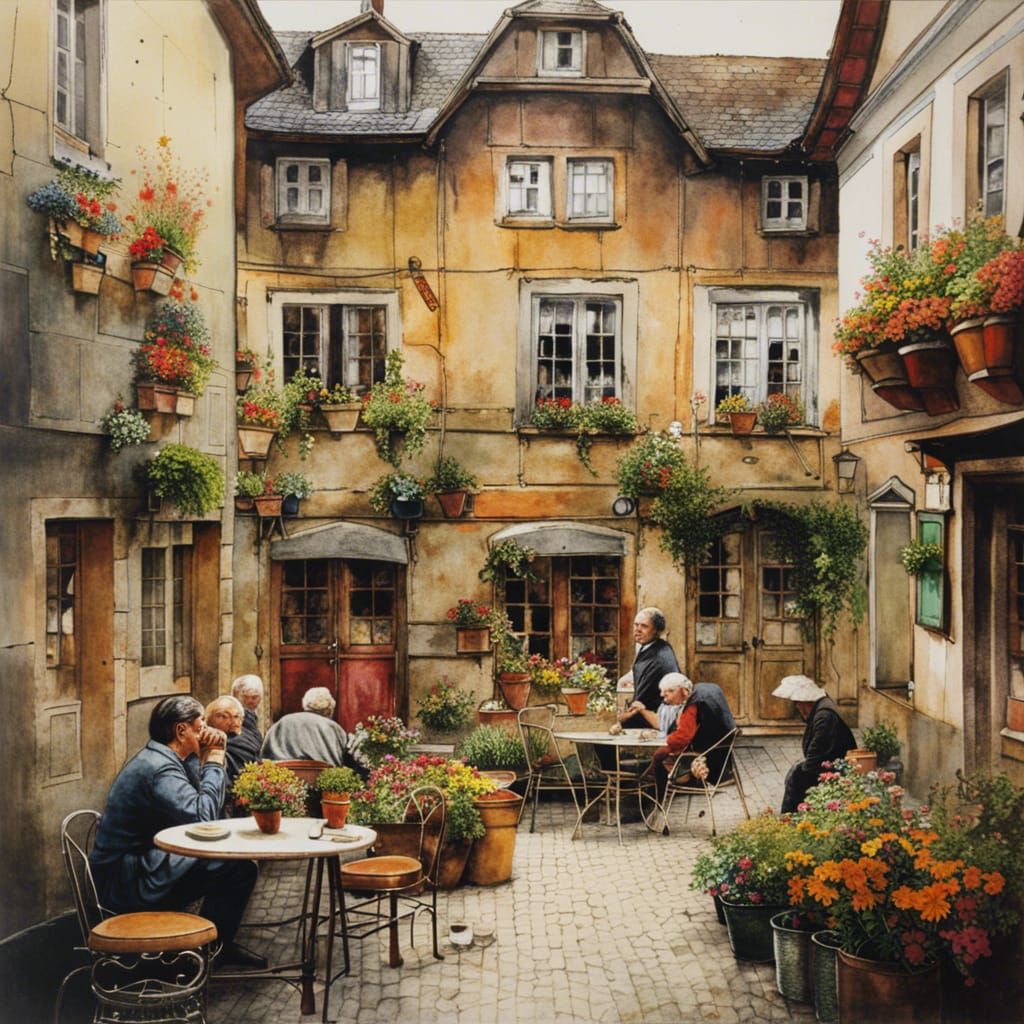 German Old Town Courtyard with Flower Pots