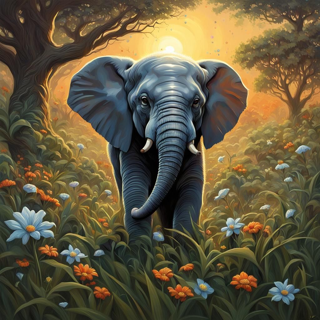 Baby Elephant in Grassy Field with Gems and Flowers