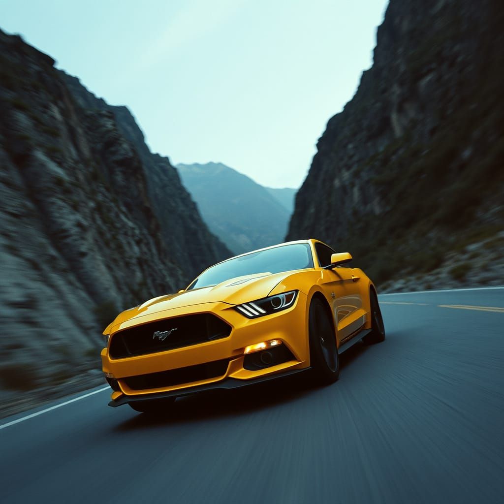 Yellow Mustang Speeding on Mountain Road