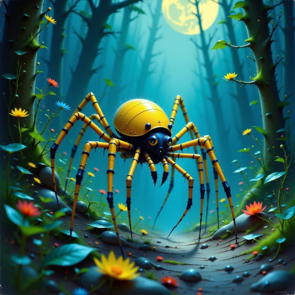 Jorōgumo Spider in Moonlit Forest, Dreamy Art Style