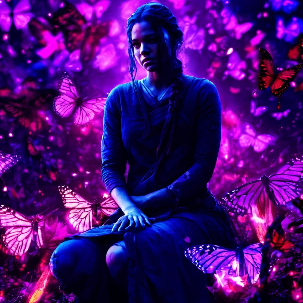Mystical Warrior Surrounded by Glowing Butterflies in Cinema...