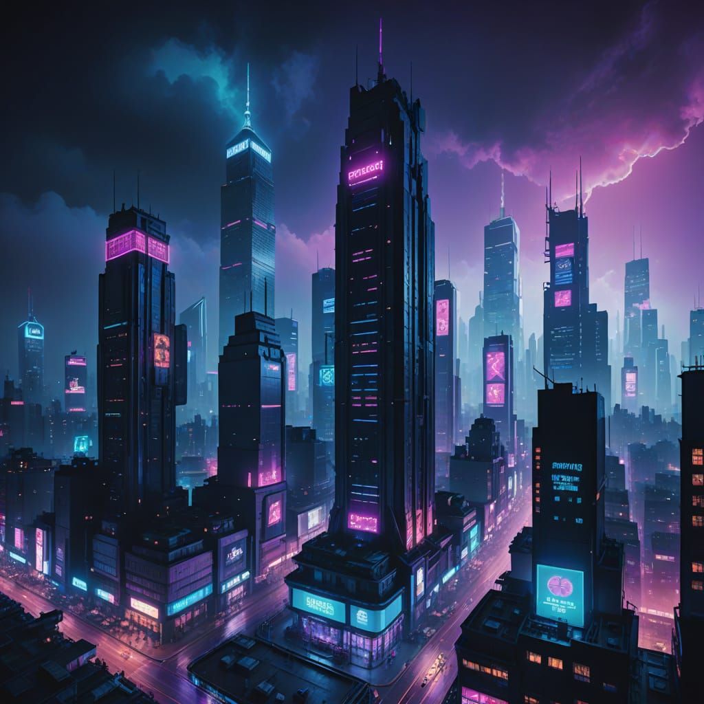 Vibrant Cyberpunk Cityscape in Neon Noir Style