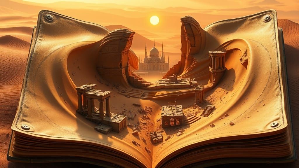 Ethereal Desert Ruins Unfold from Ancient Folio in Hyperreal...