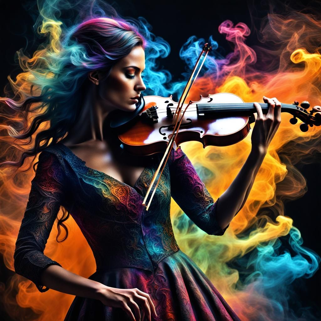 Smoky Silhouette: Woman with Violin in Cosmic Colors