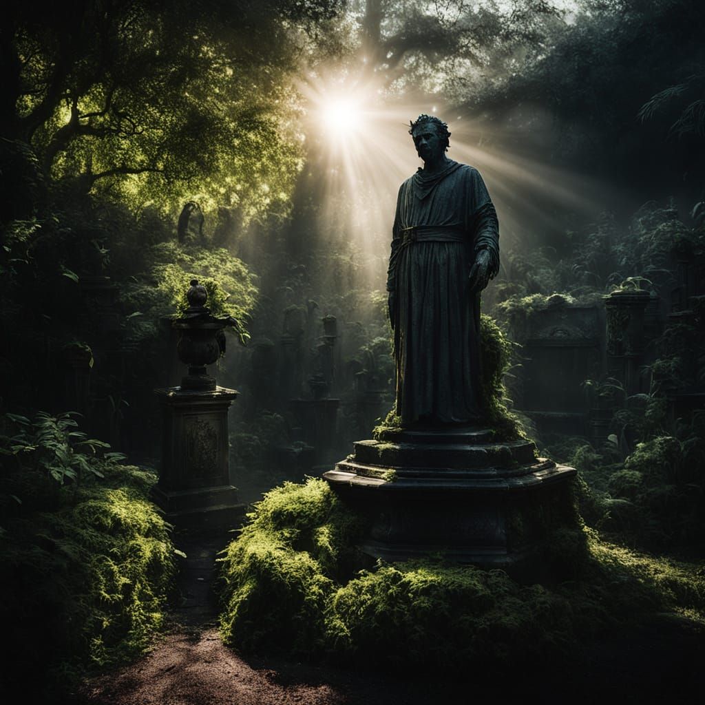 Horror Garden with Overgrown Statue in Dark Sunbeams