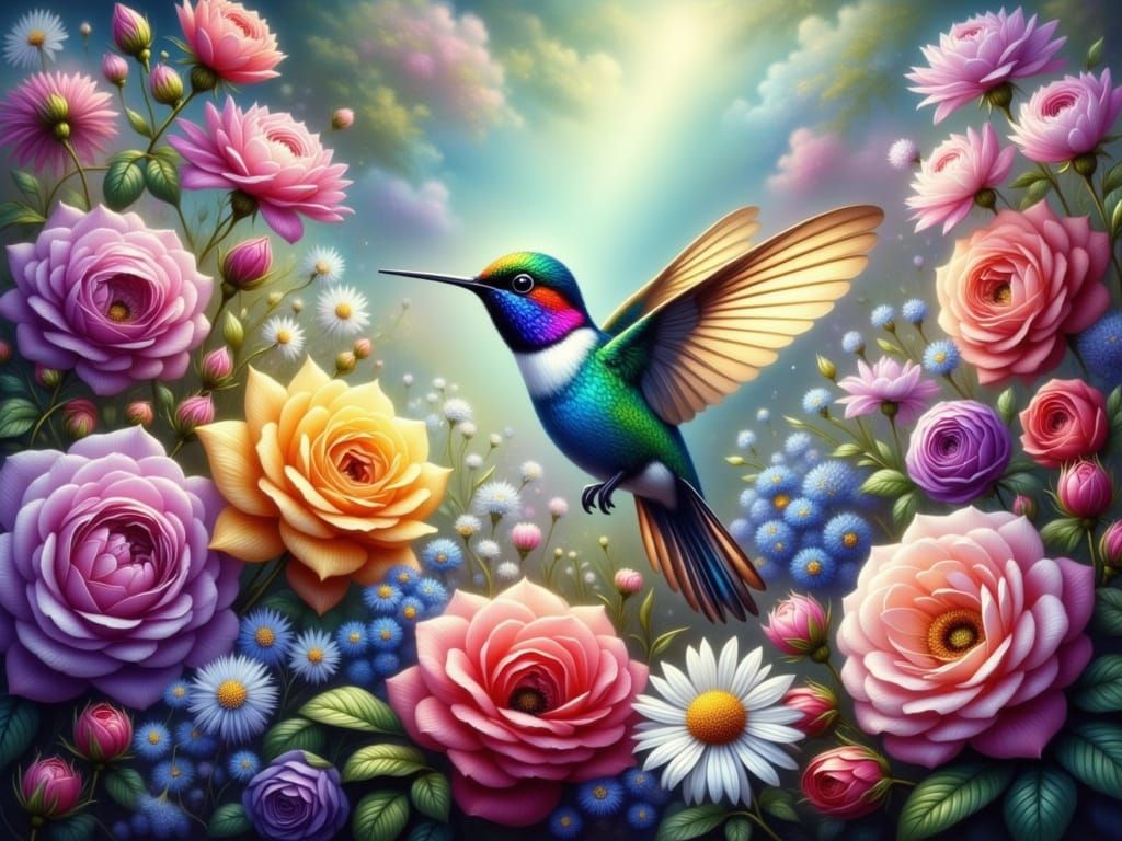 Exquisite Hummingbird in Vibrant Floral Scene