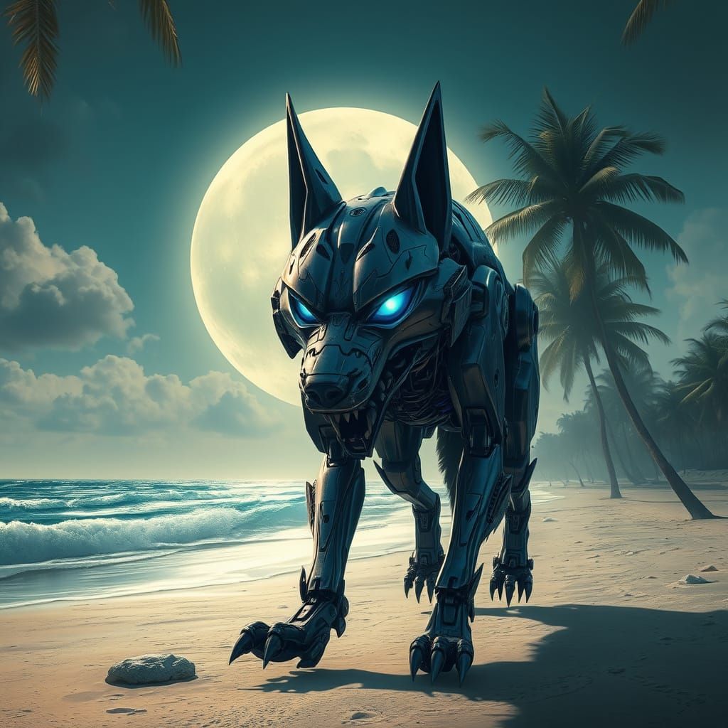 Metal Robot Wolf on Tropical Beach at Full Moon