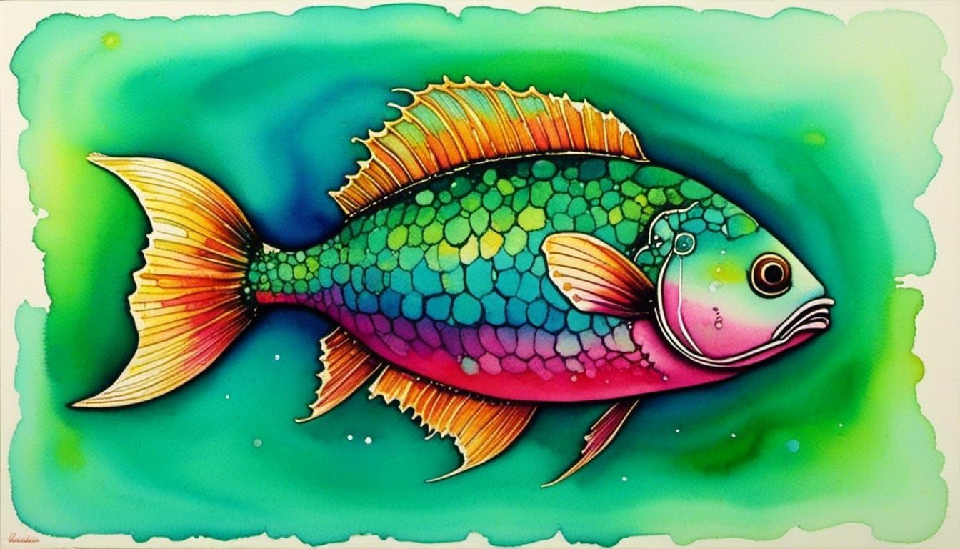 Rainbow Fish Swimming in Glistening Ocean: Alcohol Ink Art