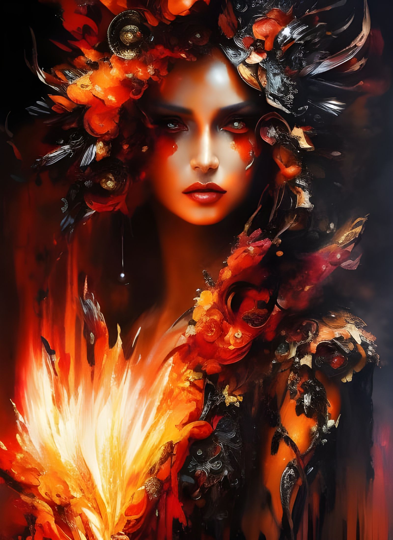 Dark Fire Priestess Portrait with Burning Flames