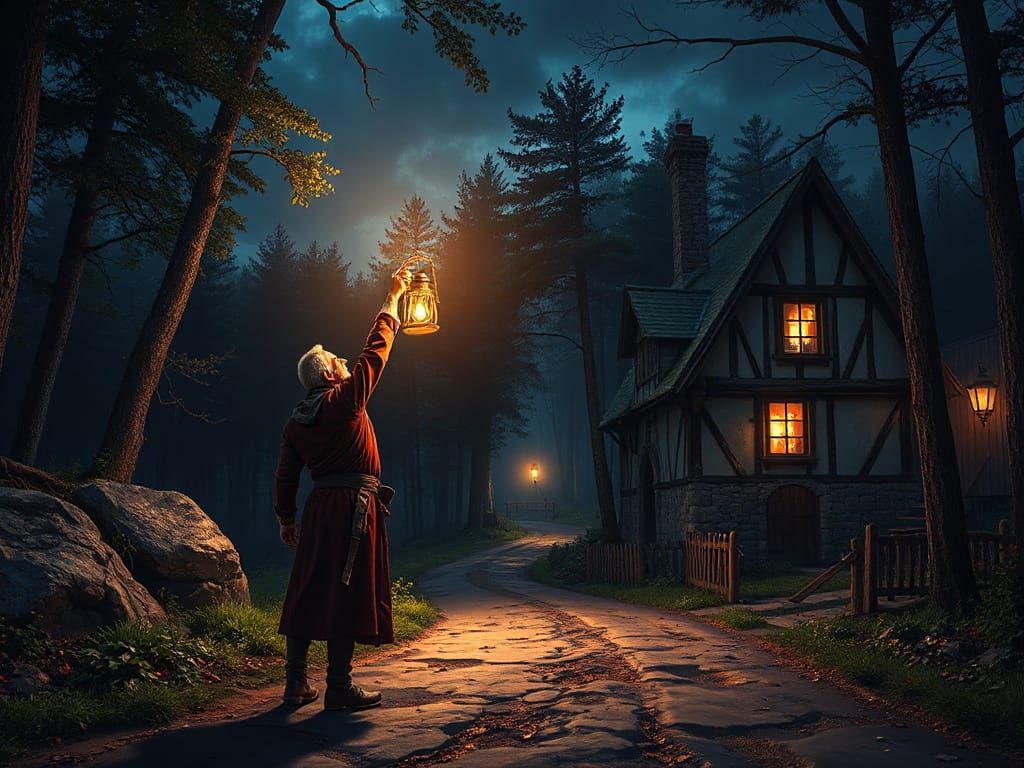 17th Century Innkeeper Lighting a Dark Road