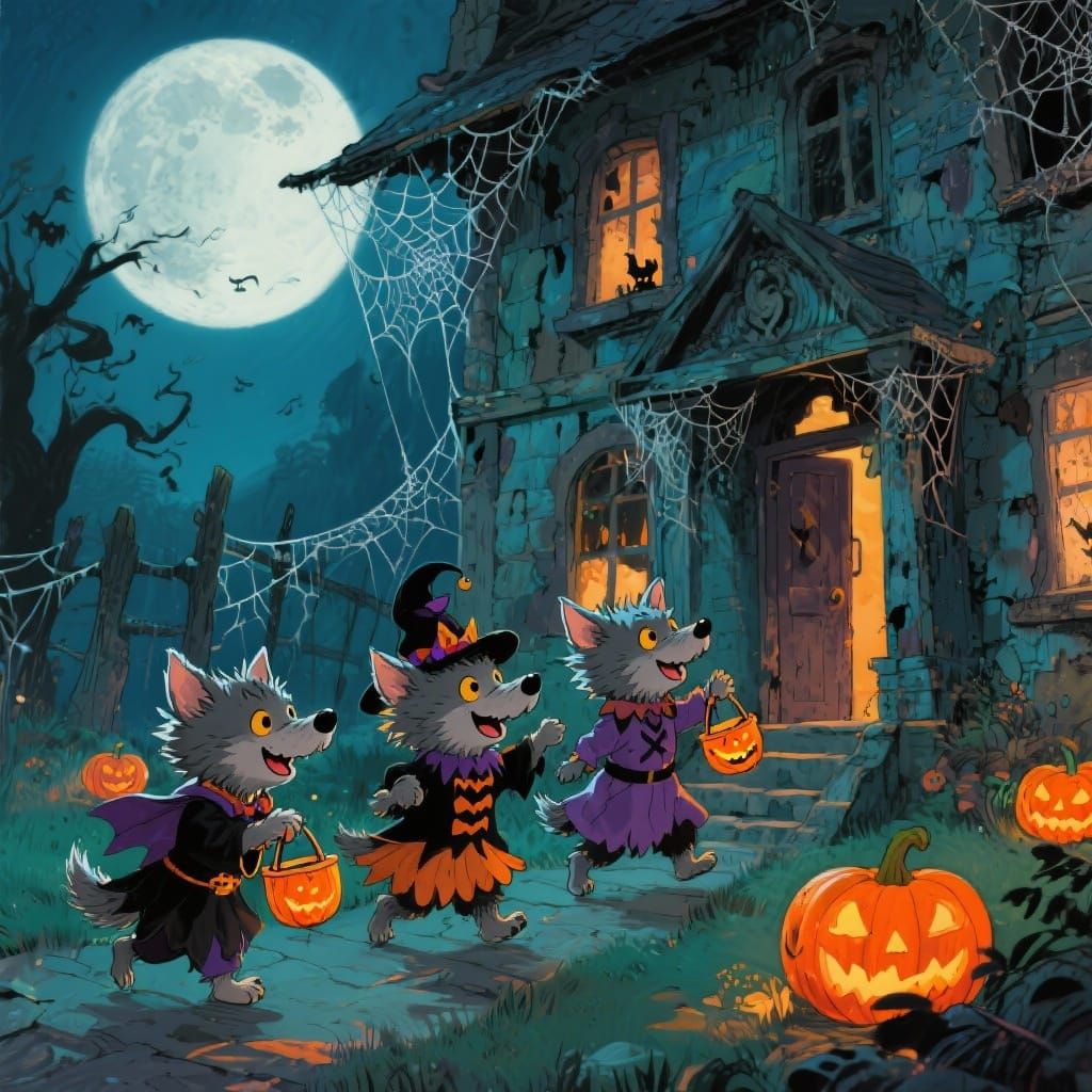 Tiny Werewolf Cubs Trick-or-Treating at Haunted House