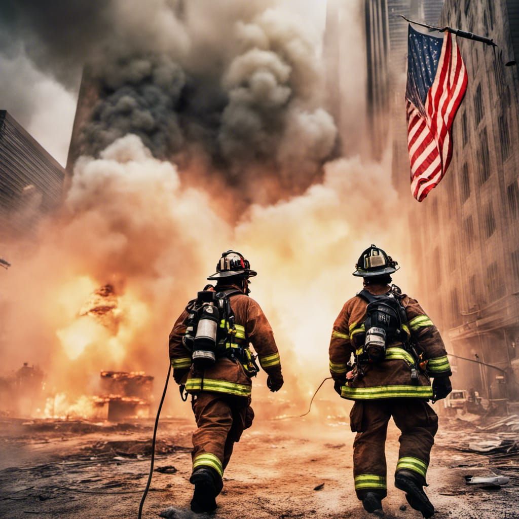 Firefighters run into the burning World Trade Center on 9-11