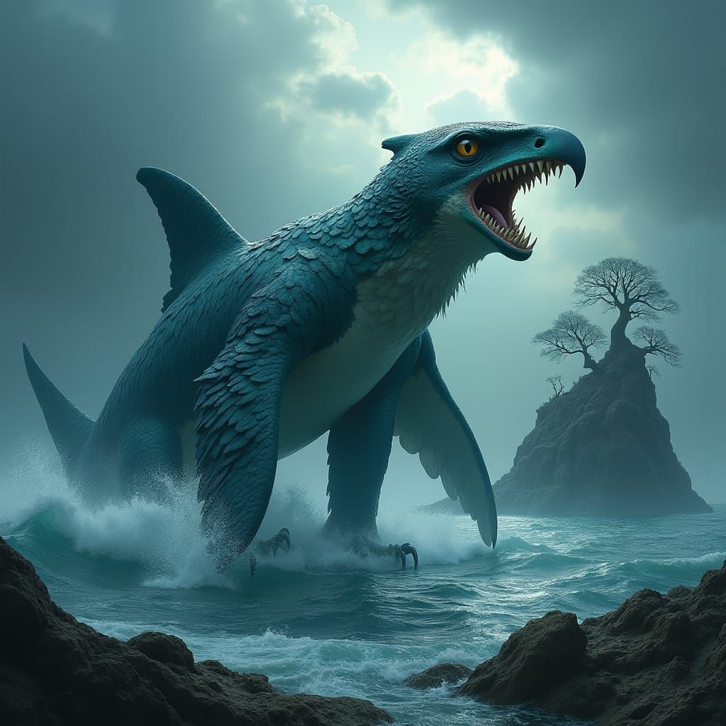 Colossal Hawk Shark Dominates Ominous Oceanic Landscape