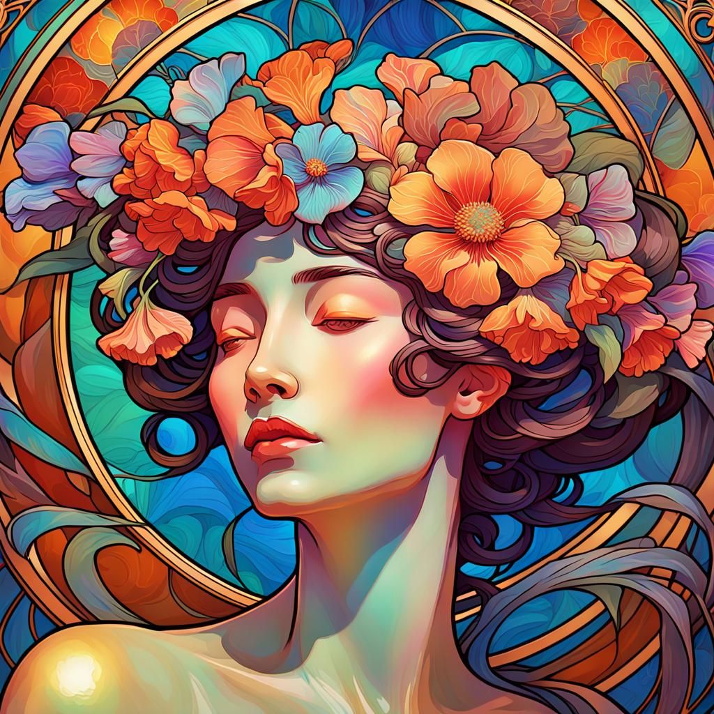 Surreal Art Nouveau Portrait of Blooming Woman