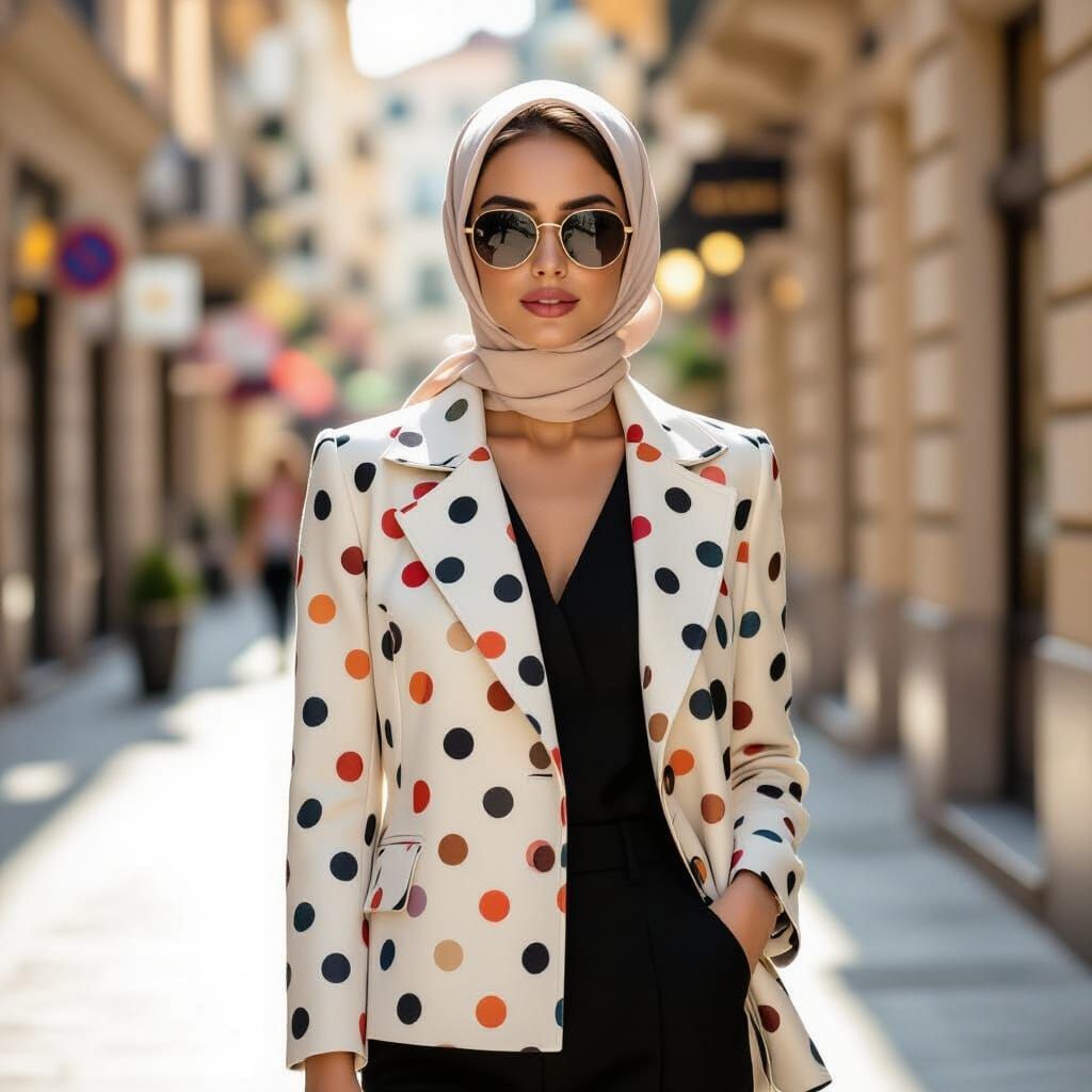 Elegant Woman in Patterned Manteau on City Street