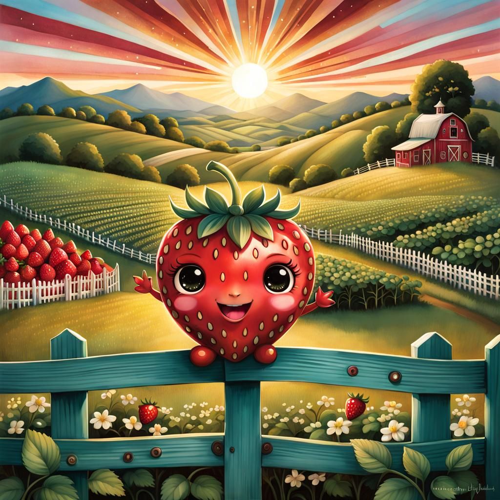 Whimsical Chibi Strawberry Character in Farm Scene