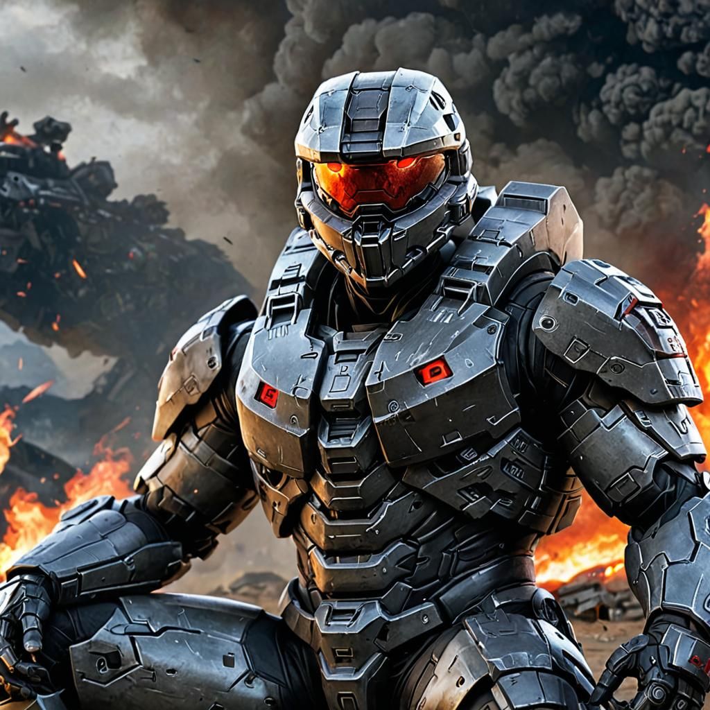 Stoic Halo Spartan Observes Burning Warzone